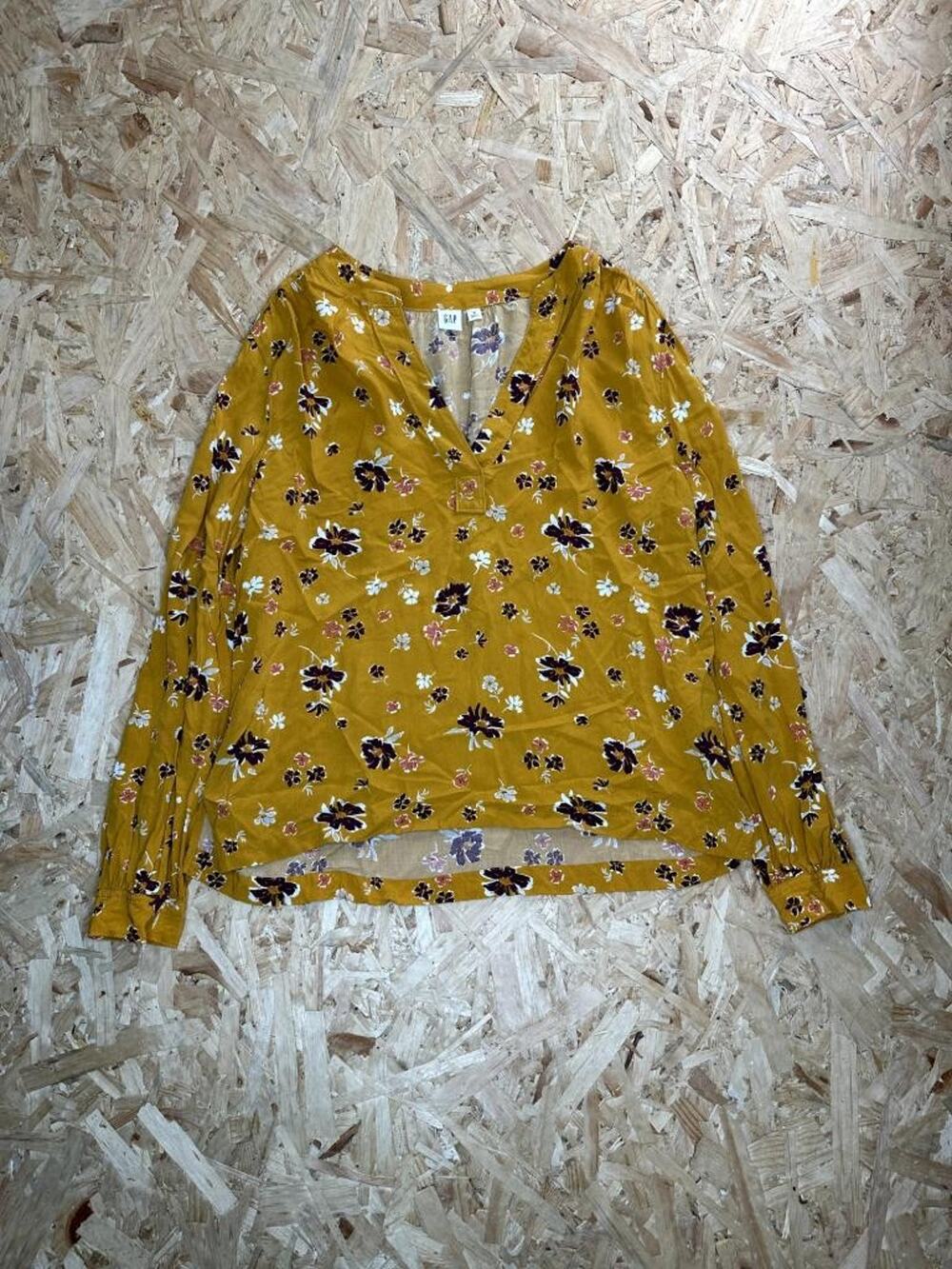 GAP Womens Medium Mustard Yellow Floral V-Neck Long Sleeve Blouse Top